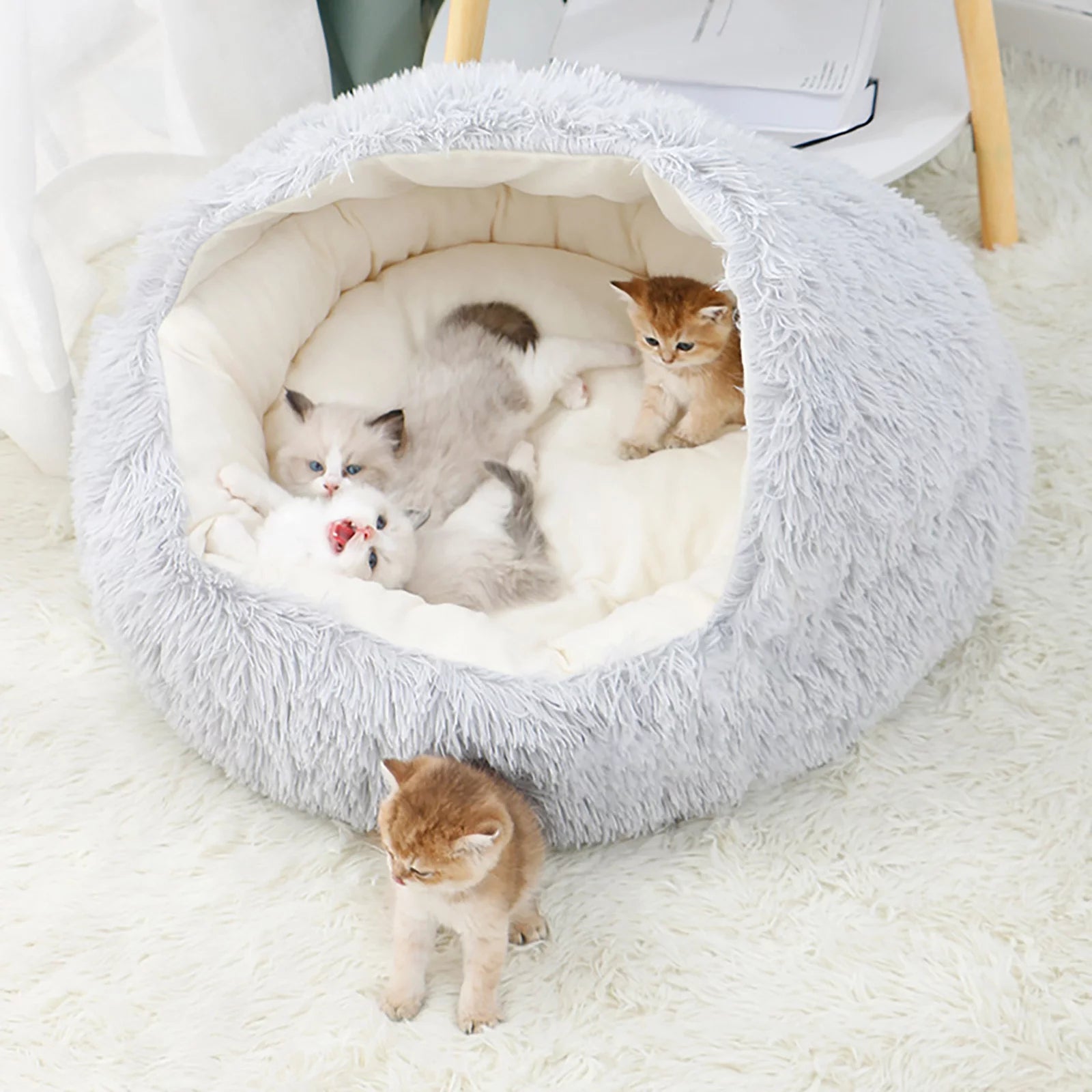 Rnemite-Amo Calming Dog Beds & Cat Cave Bed with Hooded Cover,Removable Washable round Beds for Small Medium Pets,Anti-Slip Faux Fur Fluffy Coved Bed for Improved Sleep,Fits up to 11 Lbs