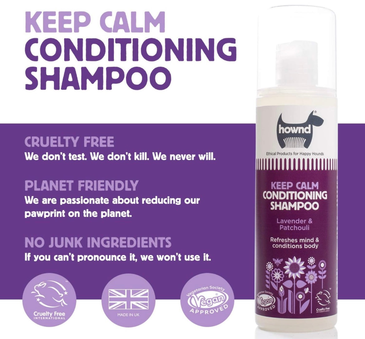 HOWND Keep Calm Conditioning Shampoo For Anxious Or Stressed Pets - Made With Lavender & Patchouli - Deeply Cleanses & Conditions - Reduces Shedding - Vegan, Cruelty Free, No Junk Ingredients - 8.45oz